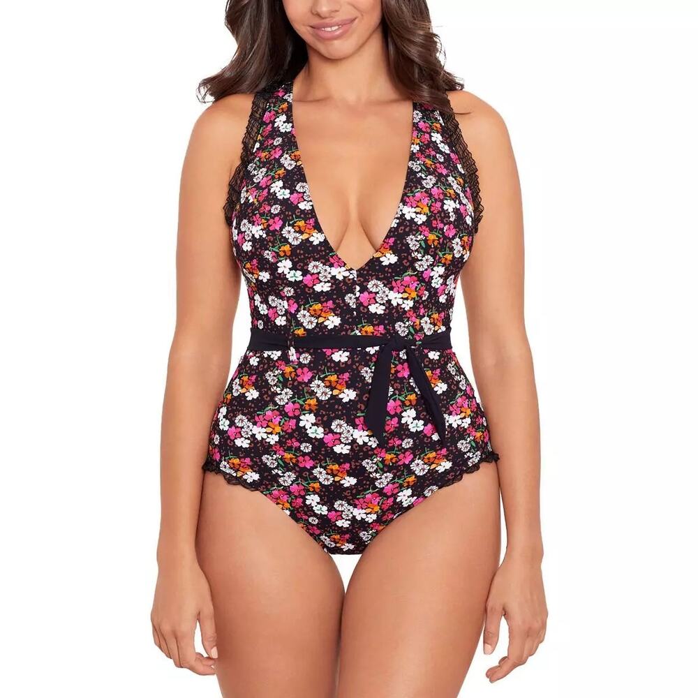 Skinny Dippers Ruffle One Piece Swimsuit Size L Black Floral New Belt Slimming